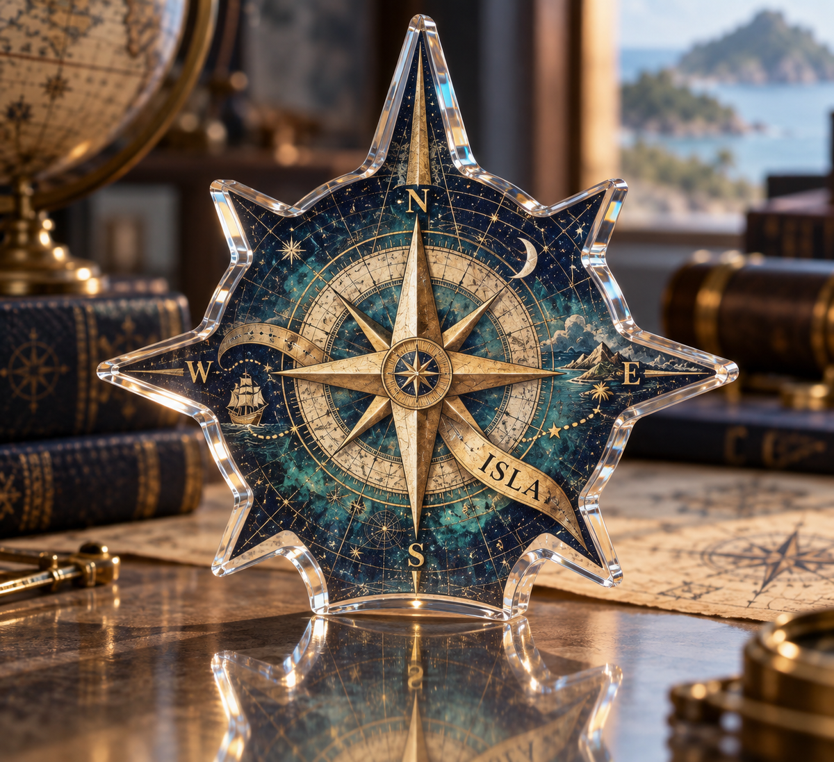 Artwork visualization: Star compass — personalized housewarming, personalized ISLA, subject-shaped acrylic with printed optical 3D depth; not carved relief.