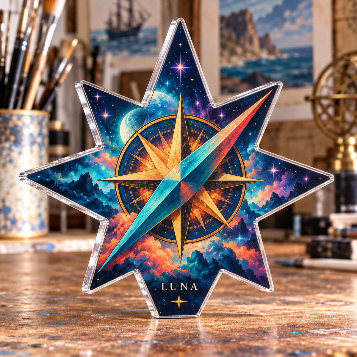 Personalized acrylic plaque with an example name set into the artwork, digital preview