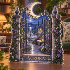 Artwork visualization: Moon garden gate — reading nook decor, personalized AURORA, subject-shaped acrylic with printed optical 3D depth; not carved relief.