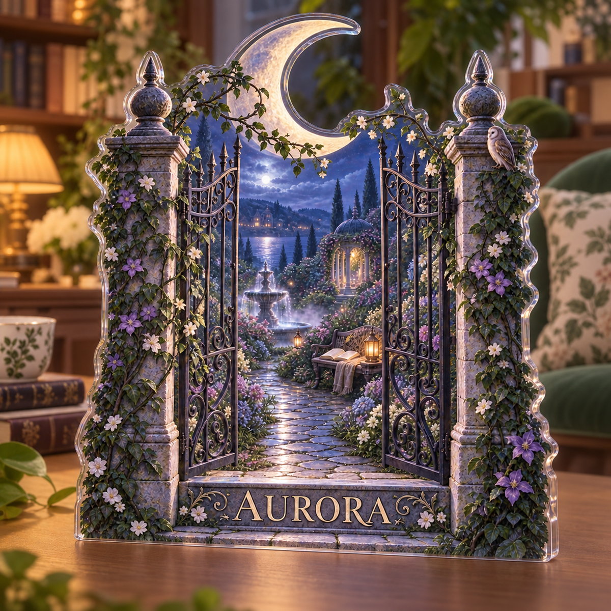 Artwork visualization: Moon garden gate — reading nook decor, personalized AURORA, subject-shaped acrylic with printed optical 3D depth; not carved relief.