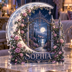 Artwork visualization: Moon garden gate — bedroom statement decor, personalized SOPHIA, subject-shaped acrylic with printed optical 3D depth; not carved relief.