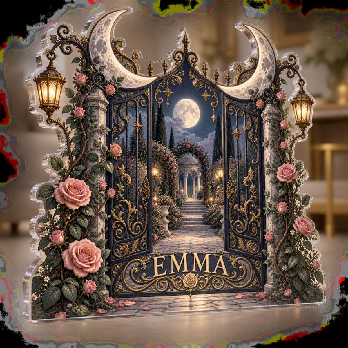 Personalized Moon Garden Gate Living Room Focal Point custom shape acrylic plaque with an example name set into the artwork, digital preview