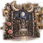Artwork visualization: Moon garden gate — living room focal point, personalized EMMA, subject-shaped acrylic with printed optical 3D depth; not carved relief.