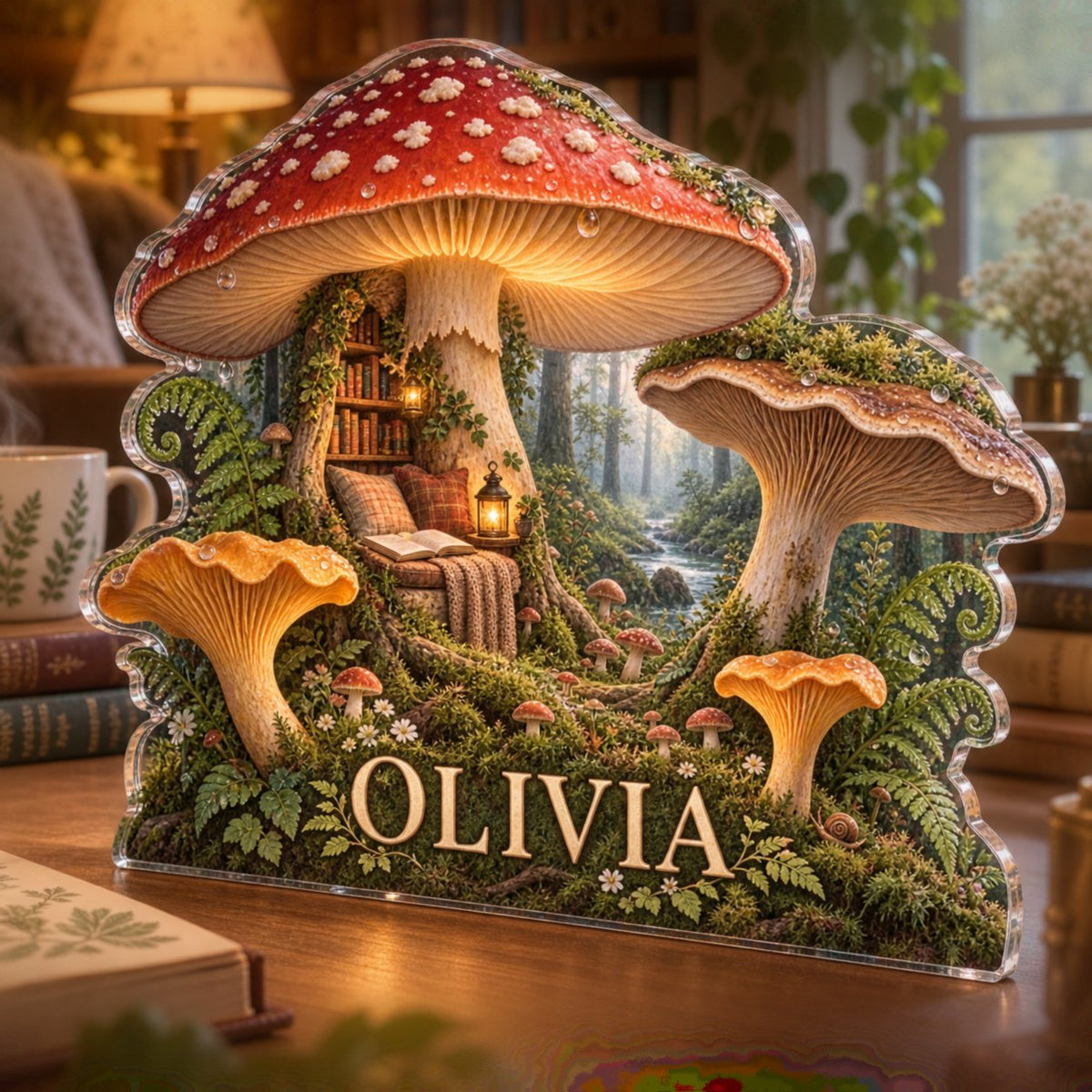 Personalized Woodland Mushrooms Reading Nook Decor custom shape acrylic plaque with an example name set into the artwork, digital preview