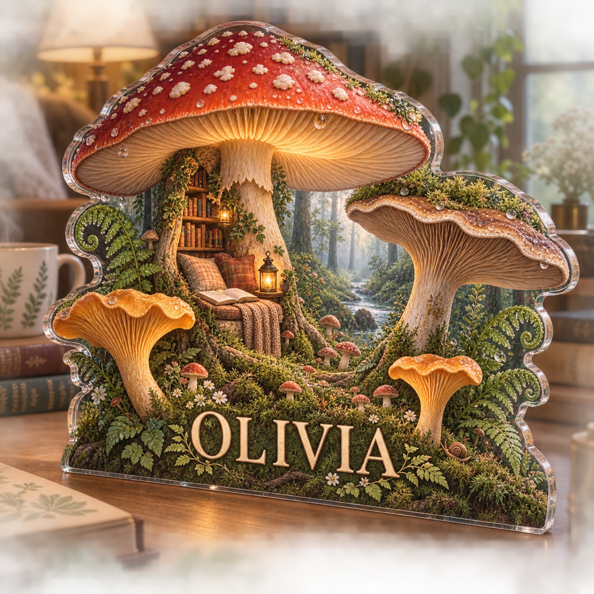 Artwork visualization: Woodland mushrooms — reading nook decor, personalized OLIVIA, subject-shaped acrylic with printed optical 3D depth; not carved relief.