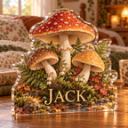 Artwork visualization: Woodland mushrooms — bedroom statement decor, personalized JACK, subject-shaped acrylic with printed optical 3D depth; not carved relief.