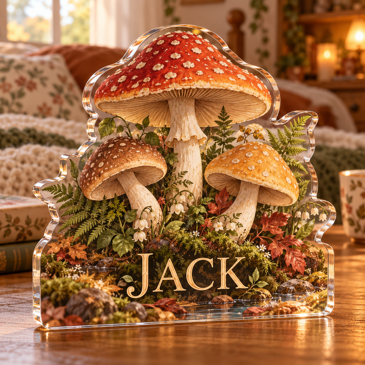 Artwork visualization: Woodland mushrooms — bedroom statement decor, personalized JACK, subject-shaped acrylic with printed optical 3D depth; not carved relief.