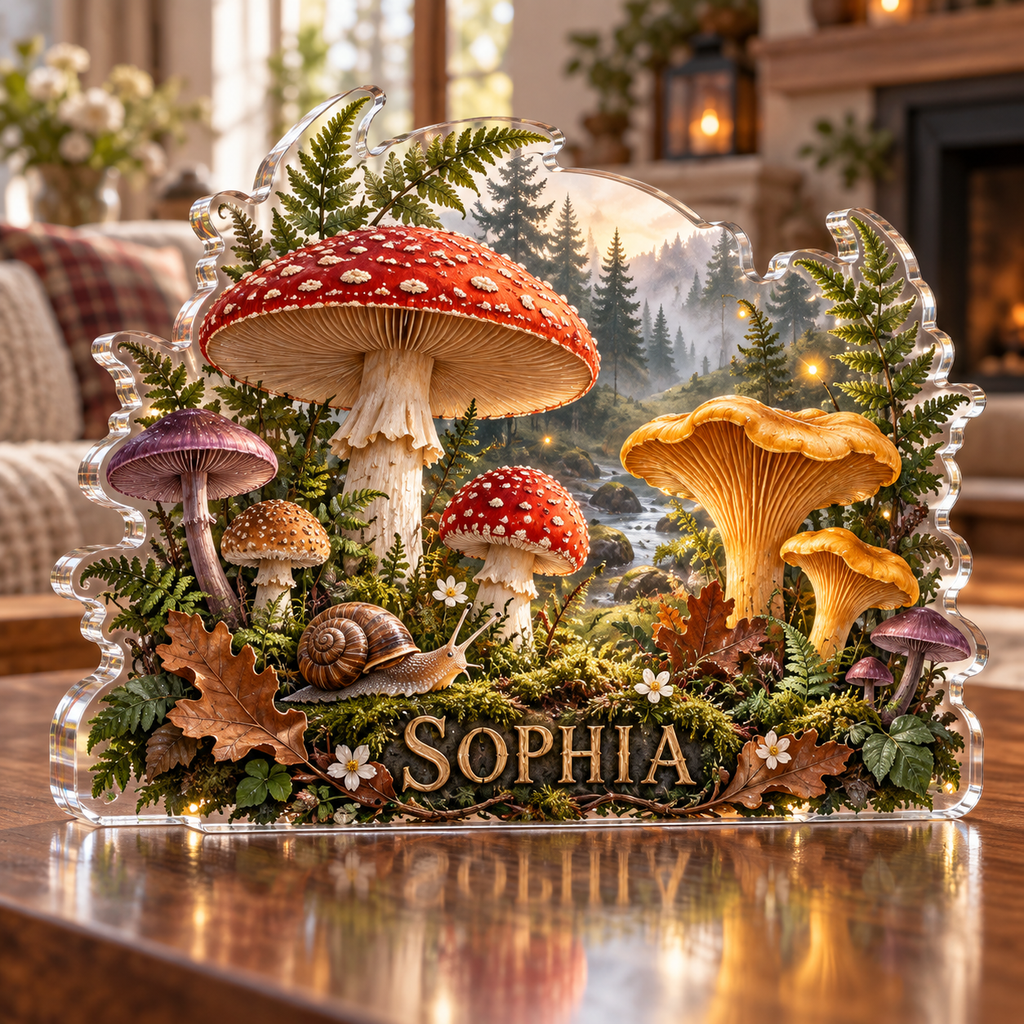 Artwork visualization: Woodland mushrooms — living room focal point, personalized SOPHIA, subject-shaped acrylic with printed optical 3D depth; not carved relief.