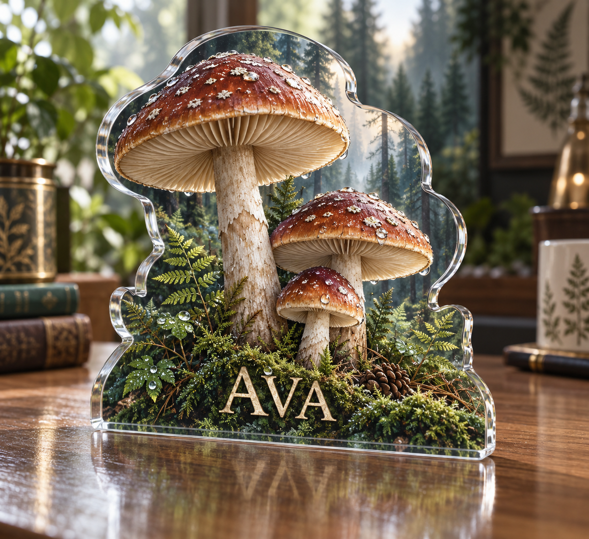 Artwork visualization: Woodland mushrooms — home office backdrop, personalized AVA, subject-shaped acrylic with printed optical 3D depth; not carved relief.