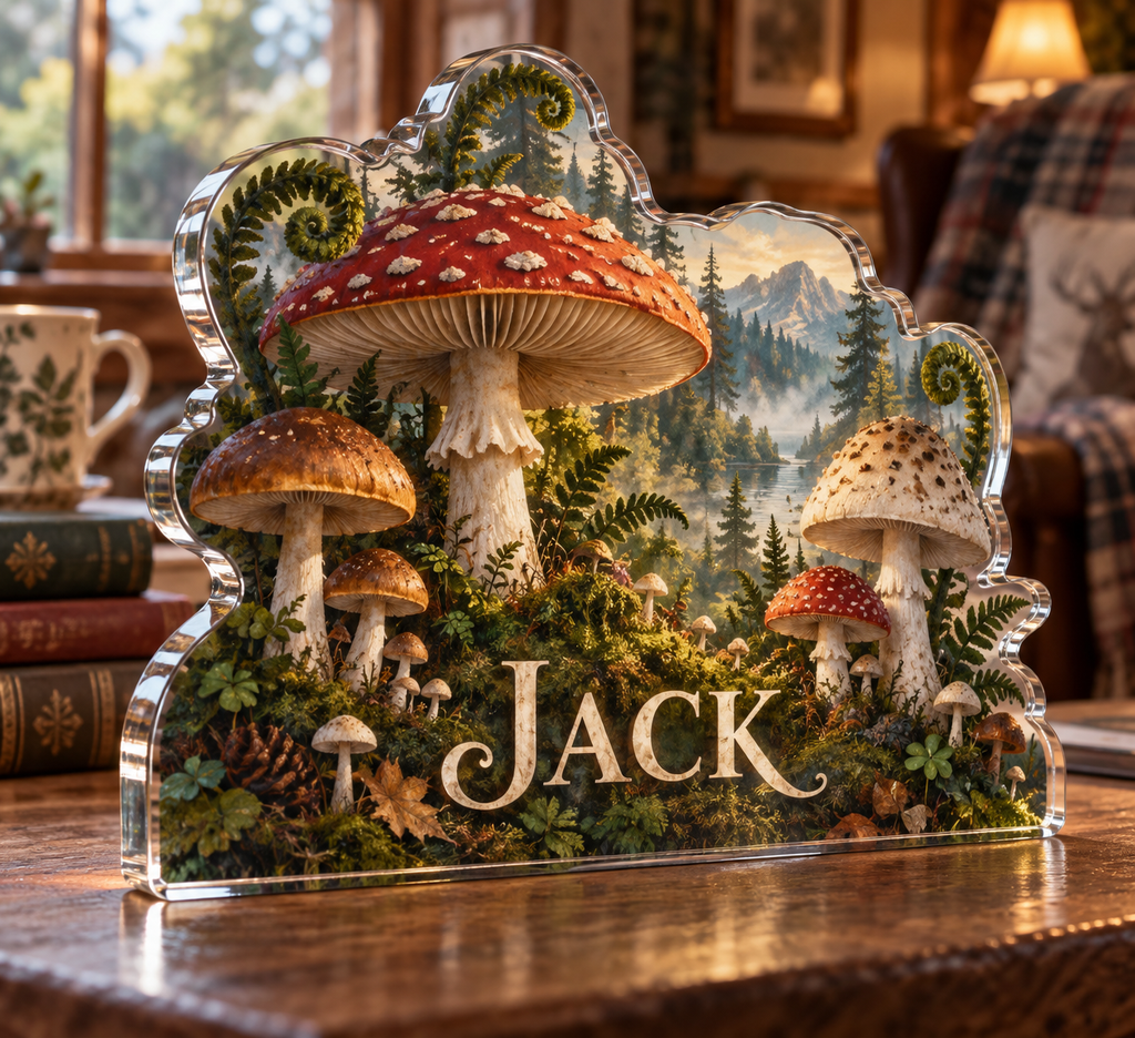 Artwork visualization: Woodland mushrooms — quiet corner decoration, personalized JACK, subject-shaped acrylic with printed optical 3D depth; not carved relief.