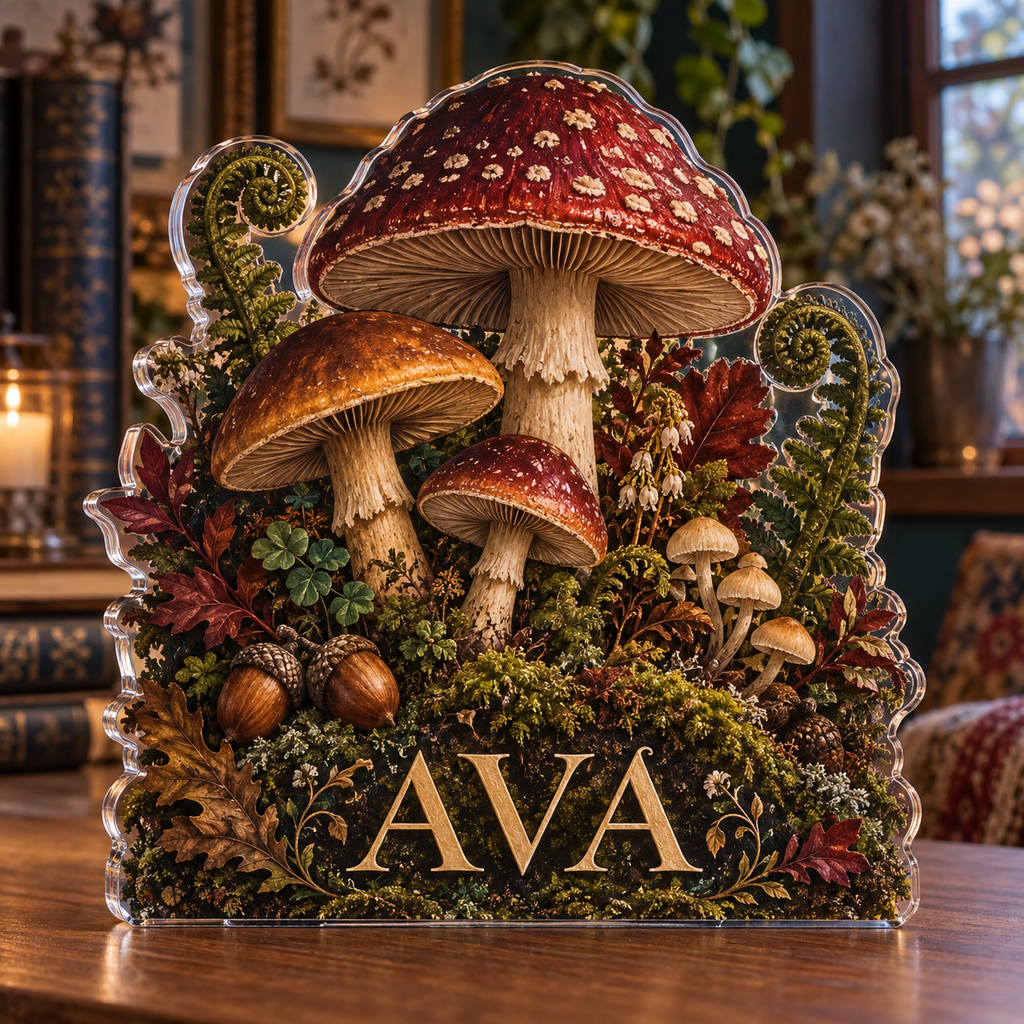 Artwork visualization: Woodland mushrooms — apartment gallery wall, personalized AVA, subject-shaped acrylic with printed optical 3D depth; not carved relief.