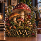Artwork visualization: Woodland mushrooms — apartment gallery wall, personalized AVA, subject-shaped acrylic with printed optical 3D depth; not carved relief.