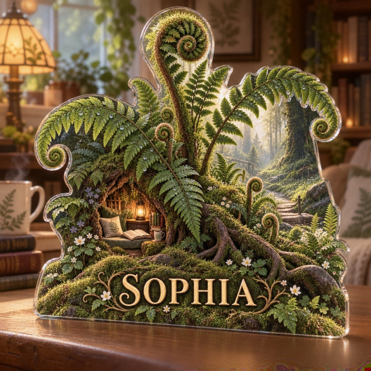Personalized Fern Forest Floor Reading Nook Decor custom shape acrylic plaque with an example name set into the artwork, digital preview