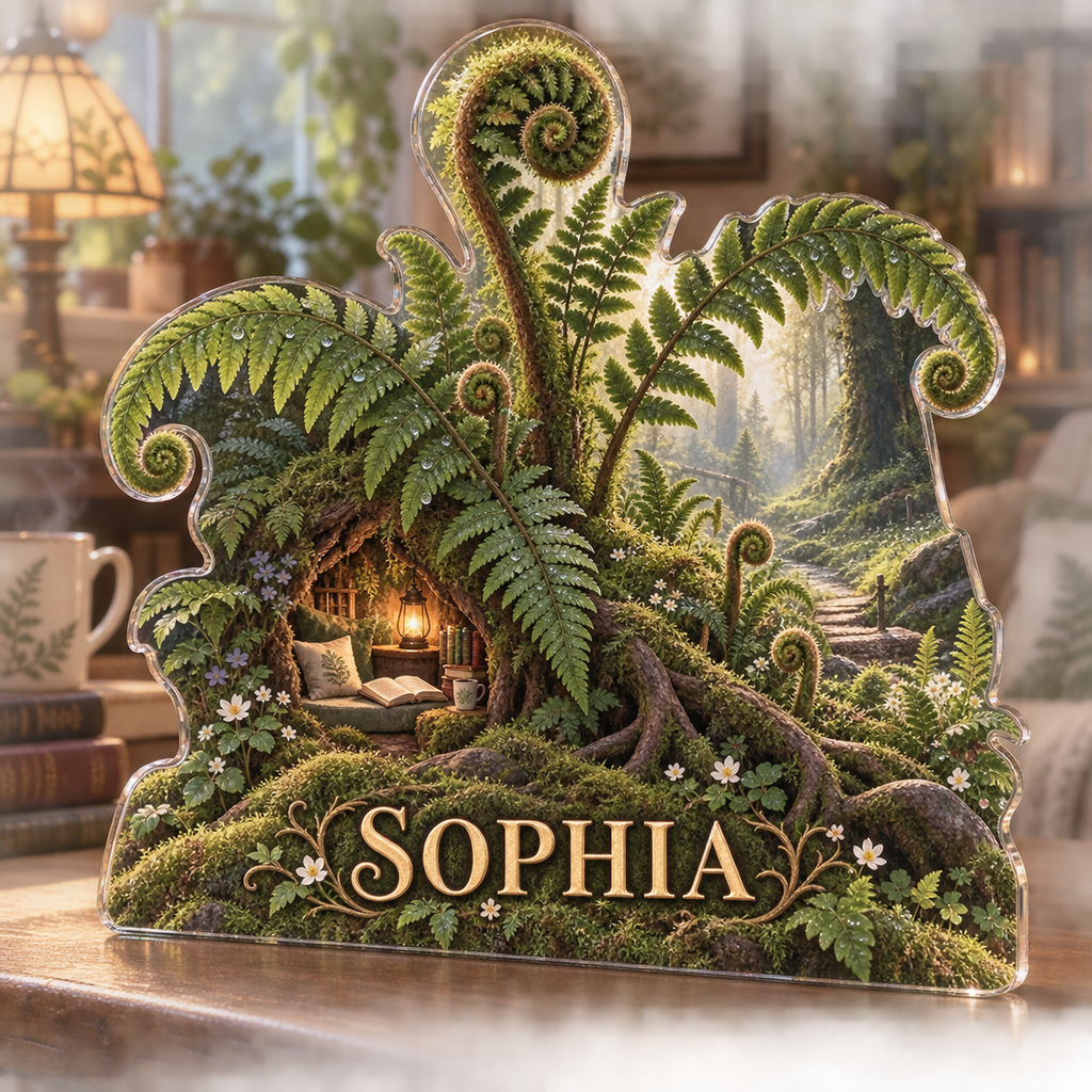 Artwork visualization: Fern forest floor — reading nook decor, personalized SOPHIA, subject-shaped acrylic with printed optical 3D depth; not carved relief.