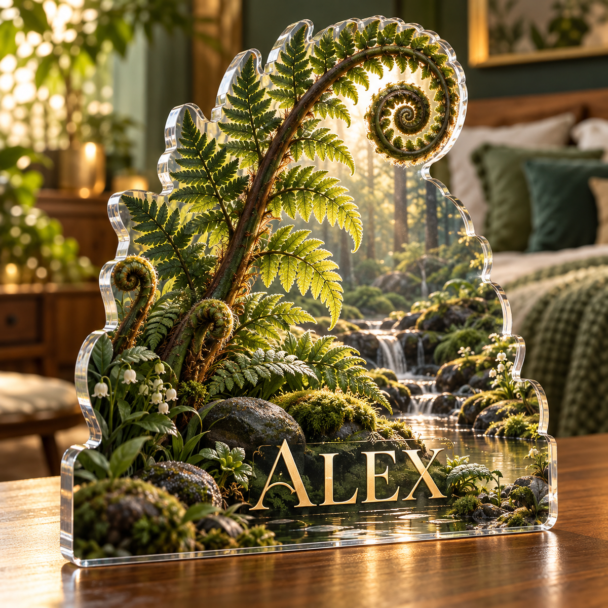 Artwork visualization: Fern forest floor — bedroom statement decor, personalized ALEX, subject-shaped acrylic with printed optical 3D depth; not carved relief.