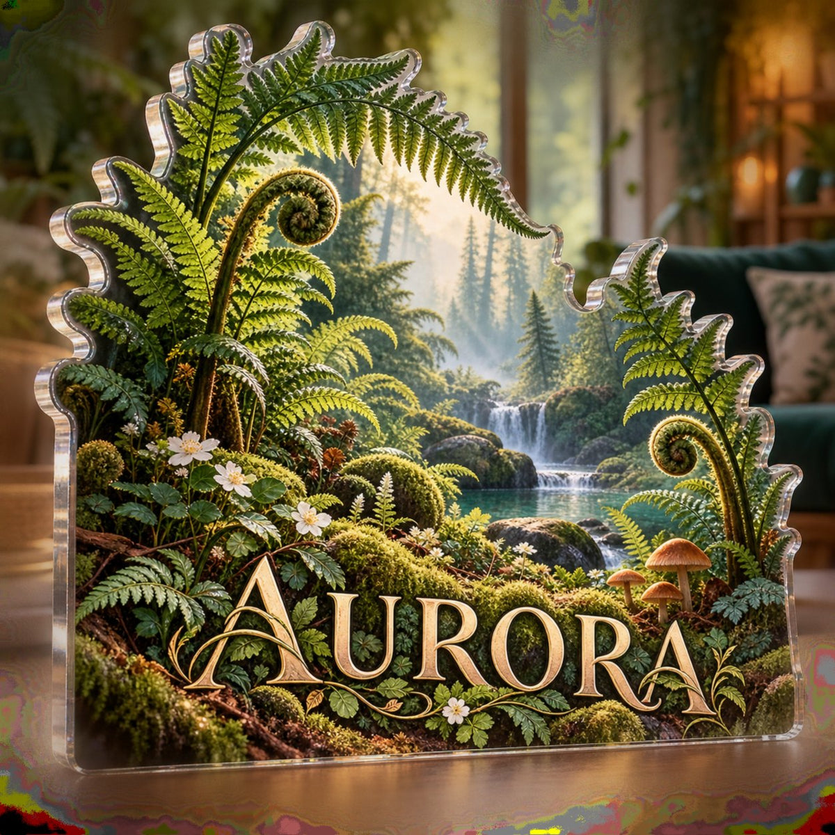 Personalized Fern Forest Floor Living Room Focal Point custom shape acrylic plaque with an example name set into the artwork, digital preview
