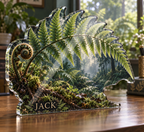 Artwork visualization: Fern forest floor — home office backdrop, personalized JACK, subject-shaped acrylic with printed optical 3D depth; not carved relief.