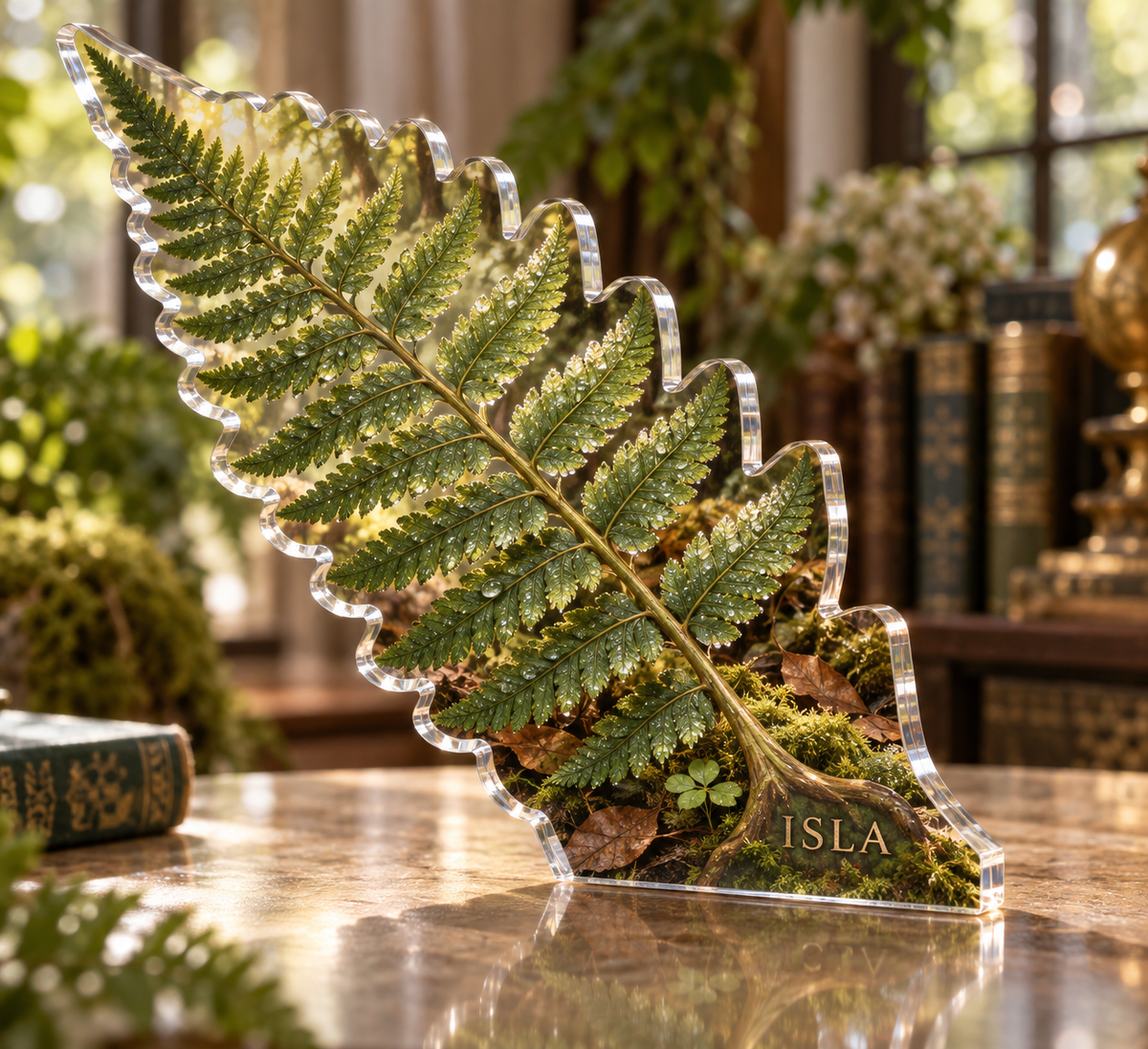 Artwork visualization: Fern forest floor — personalized housewarming, personalized ISLA, subject-shaped acrylic with printed optical 3D depth; not carved relief.