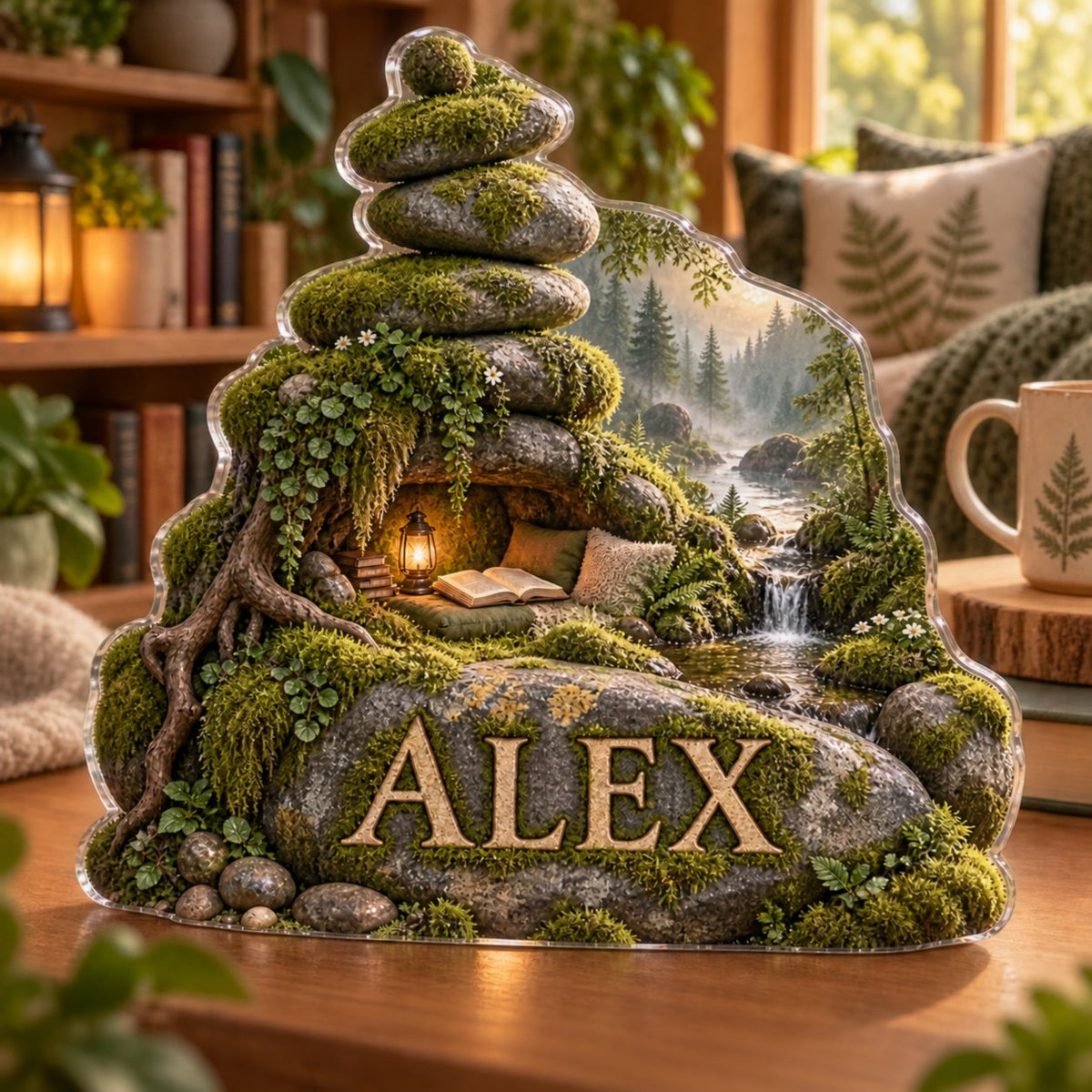 Personalized Moss And Stones Reading Nook Decor custom shape acrylic plaque with an example name set into the artwork, digital preview
