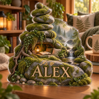Artwork visualization: Moss and stones — reading nook decor, personalized ALEX, subject-shaped acrylic with printed optical 3D depth; not carved relief.