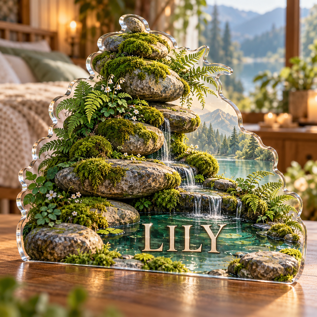 Artwork visualization: Moss and stones — bedroom statement decor, personalized LILY, subject-shaped acrylic with printed optical 3D depth; not carved relief.
