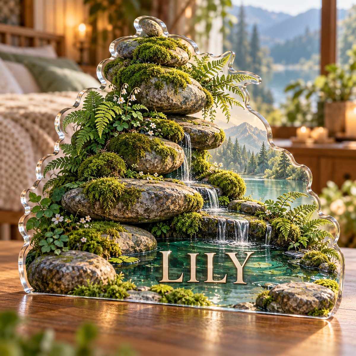 Artwork visualization: Moss and stones — bedroom statement decor, personalized LILY, subject-shaped acrylic with printed optical 3D depth; not carved relief.
