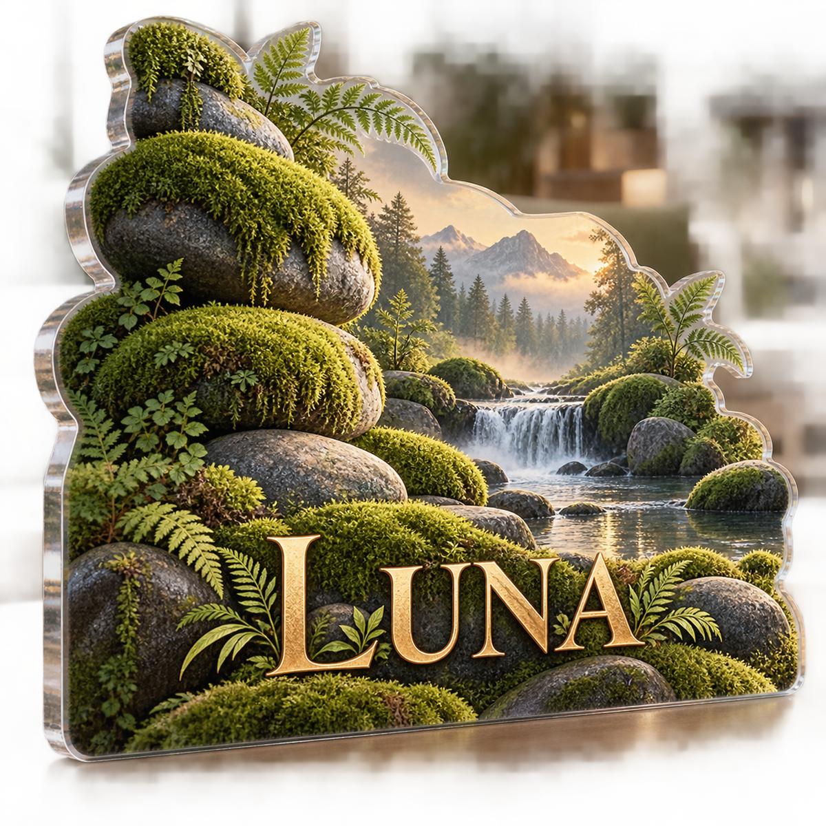 Artwork visualization: Moss and stones — living room focal point, personalized LUNA, subject-shaped acrylic with printed optical 3D depth; not carved relief.