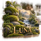 Artwork visualization: Moss and stones — living room focal point, personalized LUNA, subject-shaped acrylic with printed optical 3D depth; not carved relief.