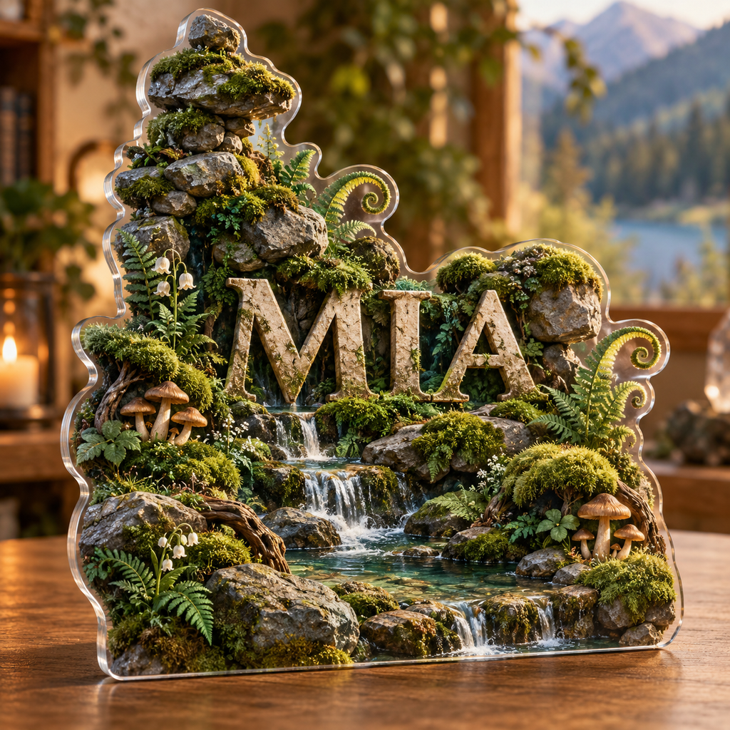 Artwork visualization: Moss and stones — apartment gallery wall, personalized MIA, subject-shaped acrylic with printed optical 3D depth; not carved relief.