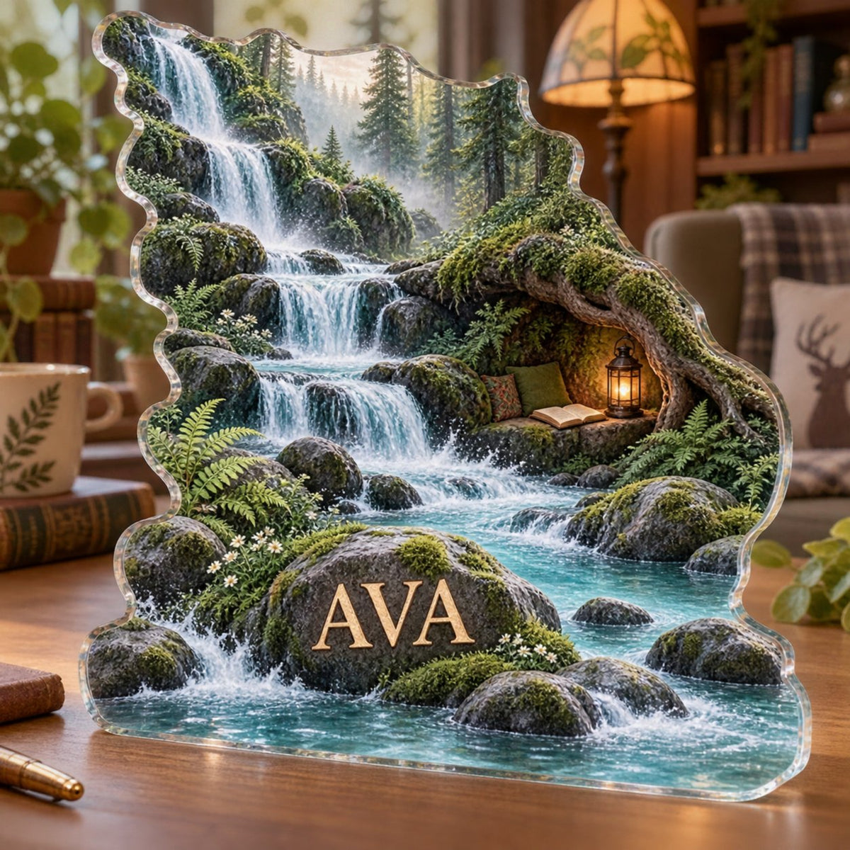 Personalized Forest Stream Reading Nook Decor custom shape acrylic plaque with an example name set into the artwork, digital preview