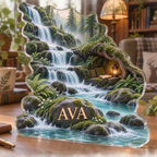 Artwork visualization: Forest stream — reading nook decor, personalized AVA, subject-shaped acrylic with printed optical 3D depth; not carved relief.