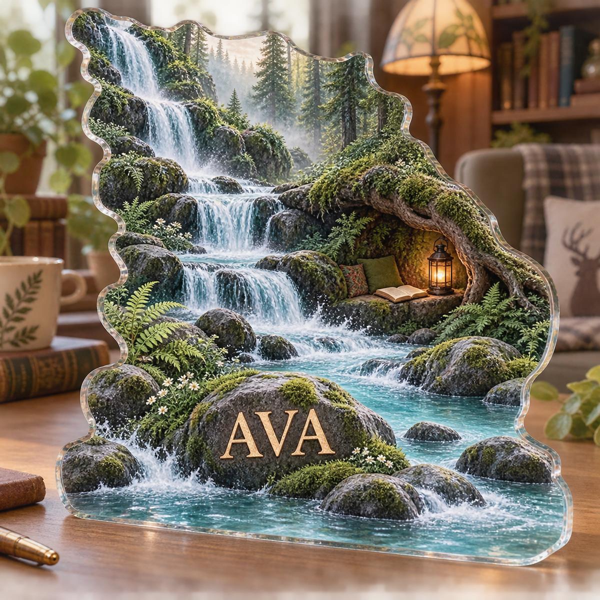 Artwork visualization: Forest stream — reading nook decor, personalized AVA, subject-shaped acrylic with printed optical 3D depth; not carved relief.