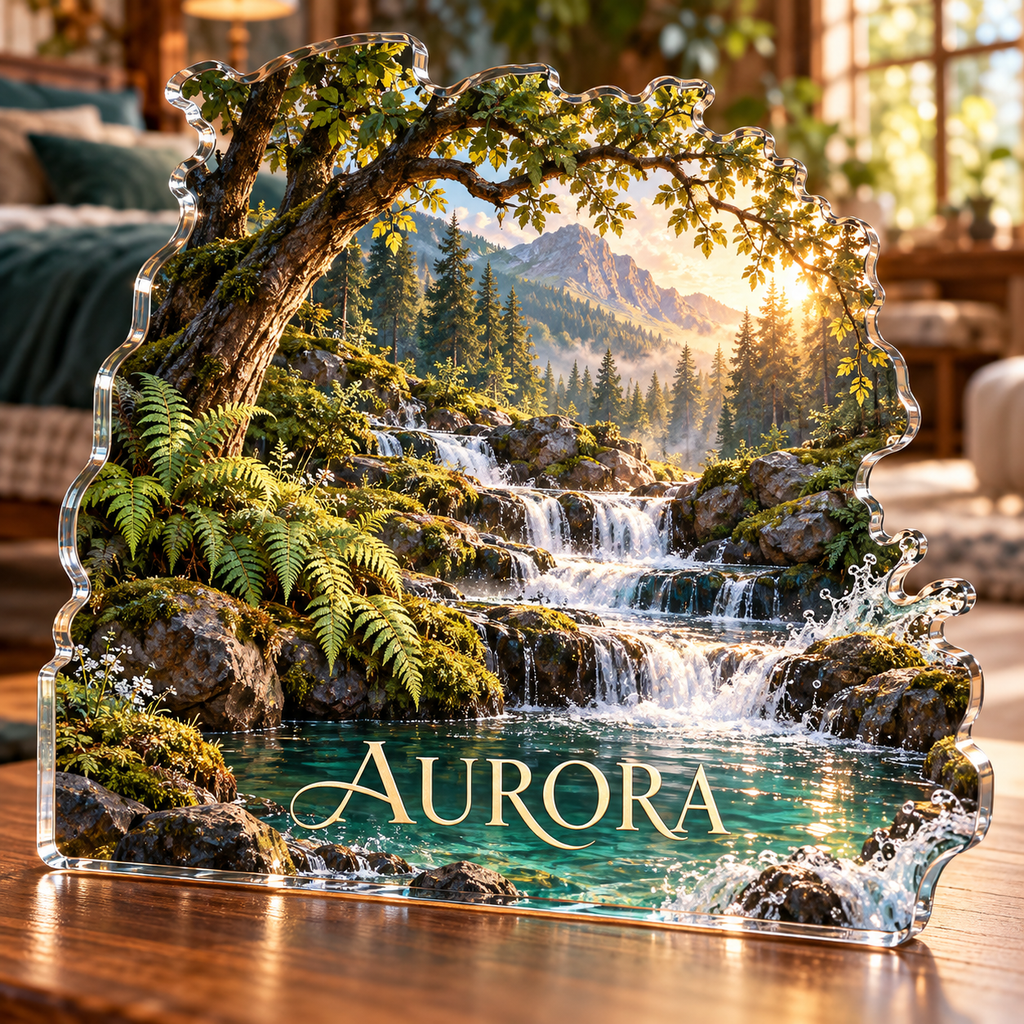 Artwork visualization: Forest stream — bedroom statement decor, personalized AURORA, subject-shaped acrylic with printed optical 3D depth; not carved relief.