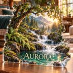 Artwork visualization: Forest stream — bedroom statement decor, personalized AURORA, subject-shaped acrylic with printed optical 3D depth; not carved relief.