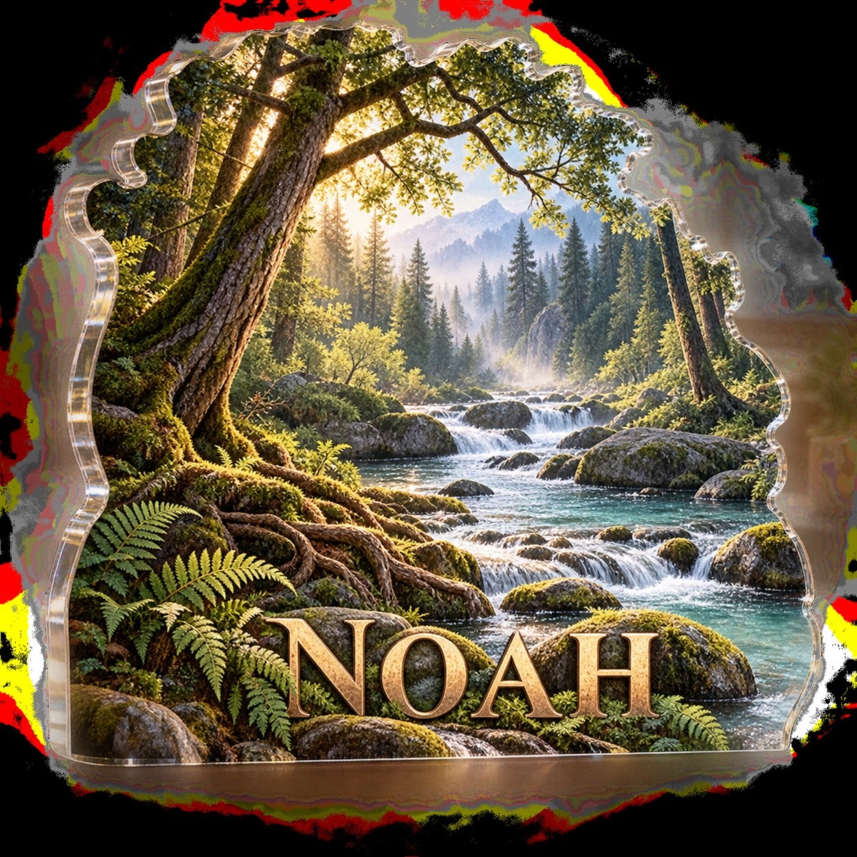 Personalized Forest Stream Living Room Focal Point custom shape acrylic plaque with an example name set into the artwork, digital preview