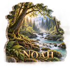 Artwork visualization: Forest stream — living room focal point, personalized NOAH, subject-shaped acrylic with printed optical 3D depth; not carved relief.