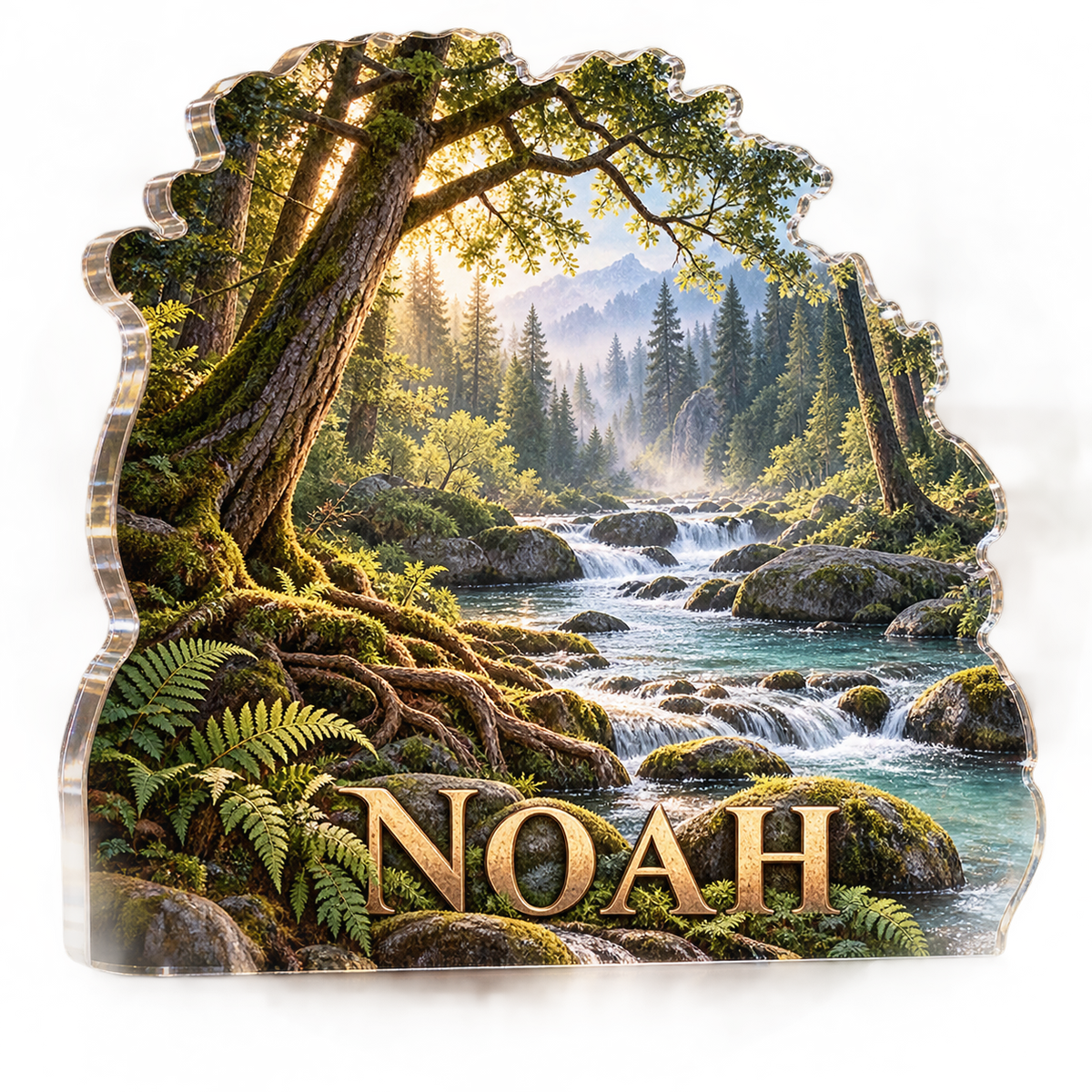 Artwork visualization: Forest stream — living room focal point, personalized NOAH, subject-shaped acrylic with printed optical 3D depth; not carved relief.
