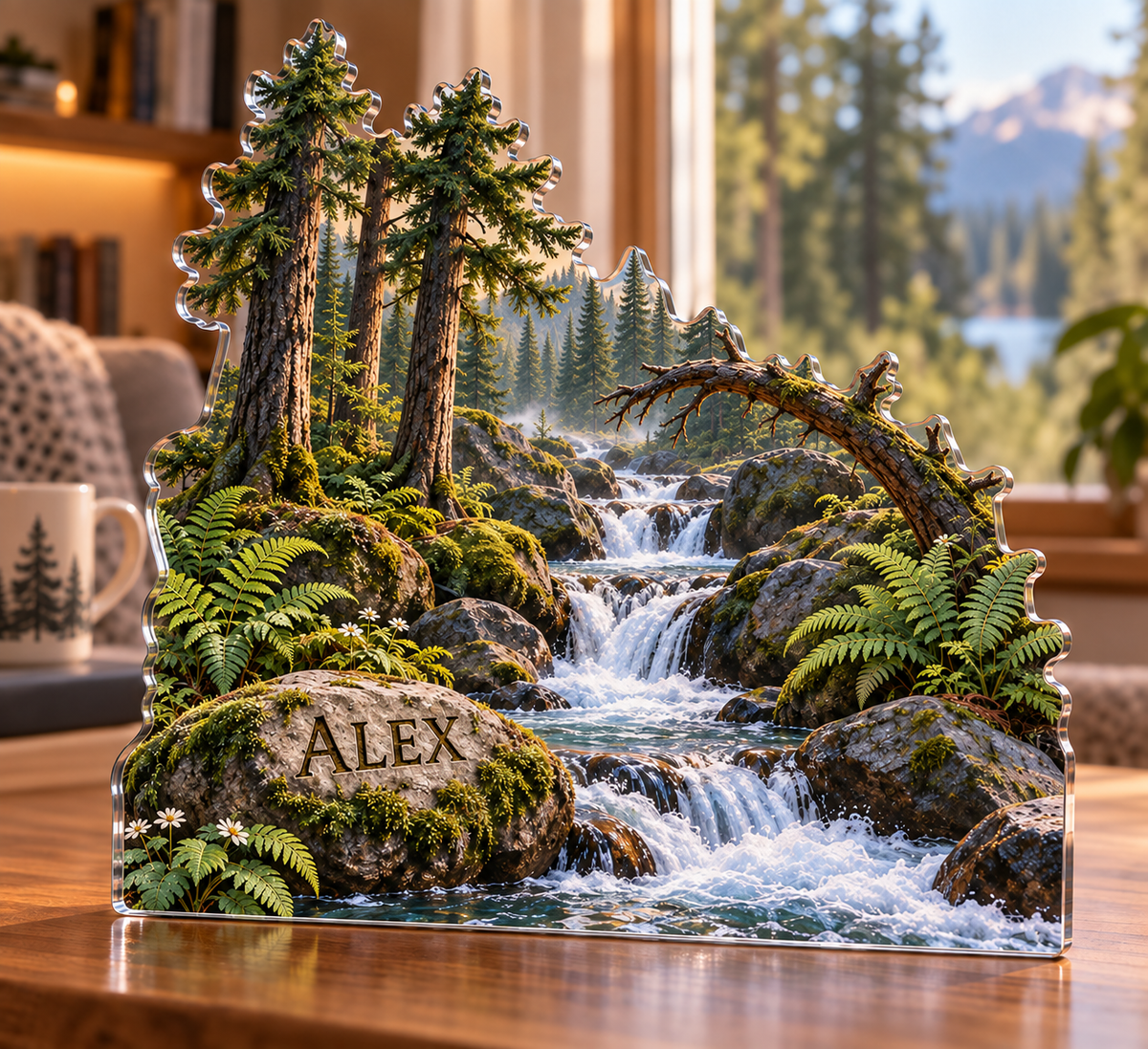 Artwork visualization: Forest stream — quiet corner decoration, personalized ALEX, subject-shaped acrylic with printed optical 3D depth; not carved relief.