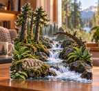 Artwork visualization: Forest stream — quiet corner decoration, personalized ALEX, subject-shaped acrylic with printed optical 3D depth; not carved relief.