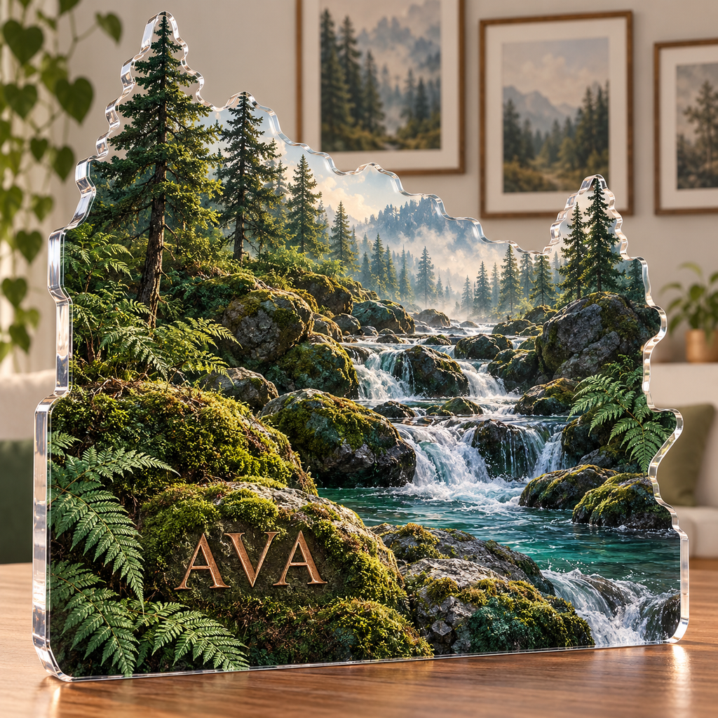Artwork visualization: Forest stream — apartment gallery wall, personalized AVA, subject-shaped acrylic with printed optical 3D depth; not carved relief.