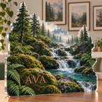 Artwork visualization: Forest stream — apartment gallery wall, personalized AVA, subject-shaped acrylic with printed optical 3D depth; not carved relief.