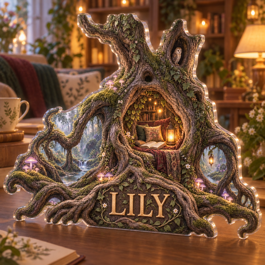 Artwork visualization: Enchanted tree roots — reading nook decor, personalized LILY, subject-shaped acrylic with printed optical 3D depth; not carved relief.