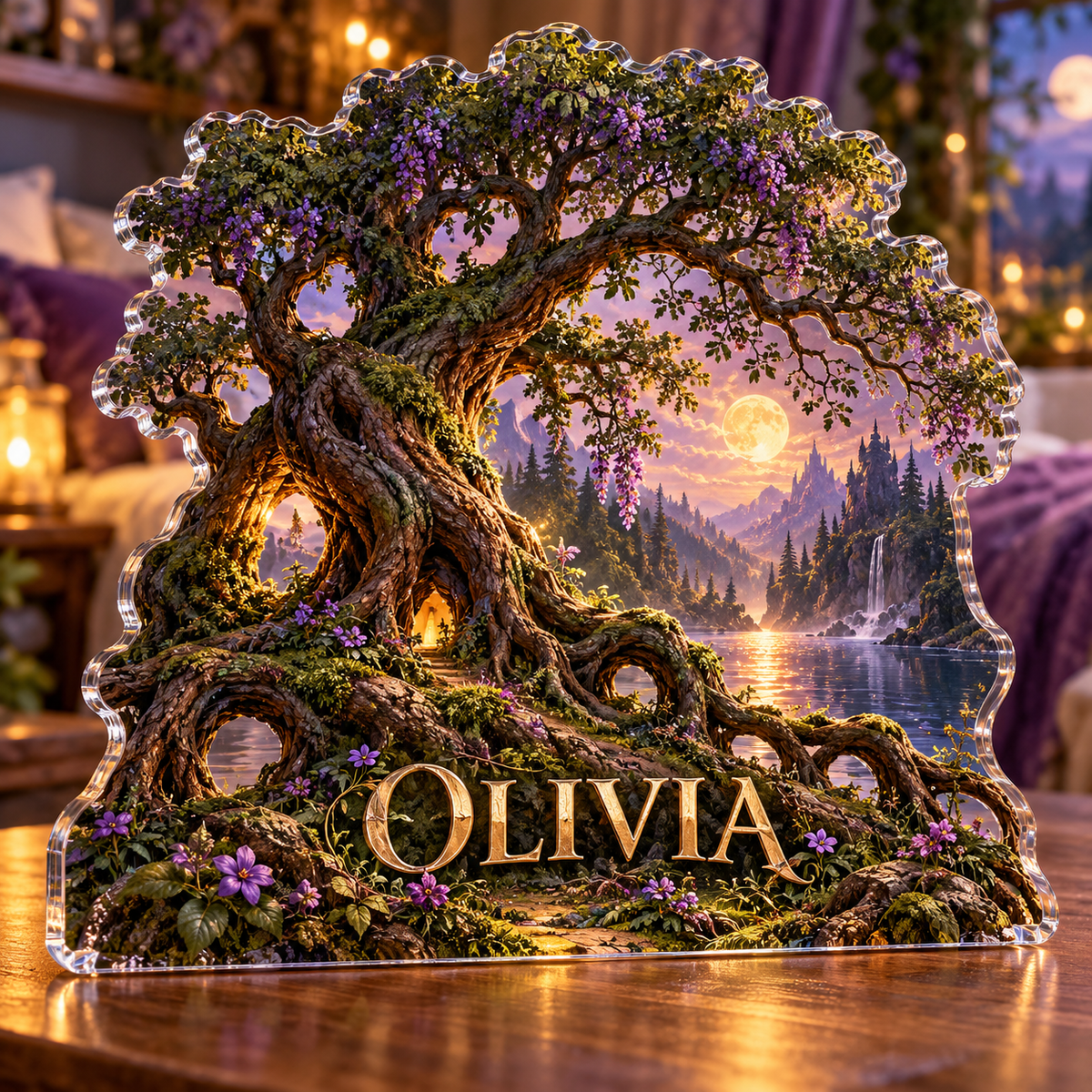Artwork visualization: Enchanted tree roots — bedroom statement decor, personalized OLIVIA, subject-shaped acrylic with printed optical 3D depth; not carved relief.