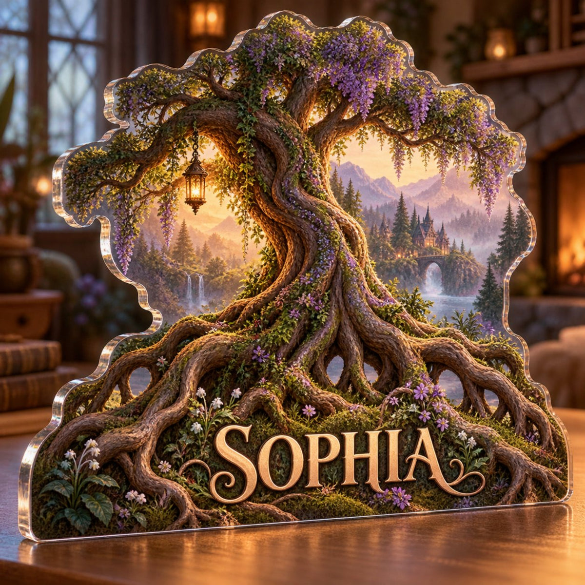 Personalized Enchanted Tree Roots Living Room Focal Point custom shape acrylic plaque with an example name set into the artwork, digital preview