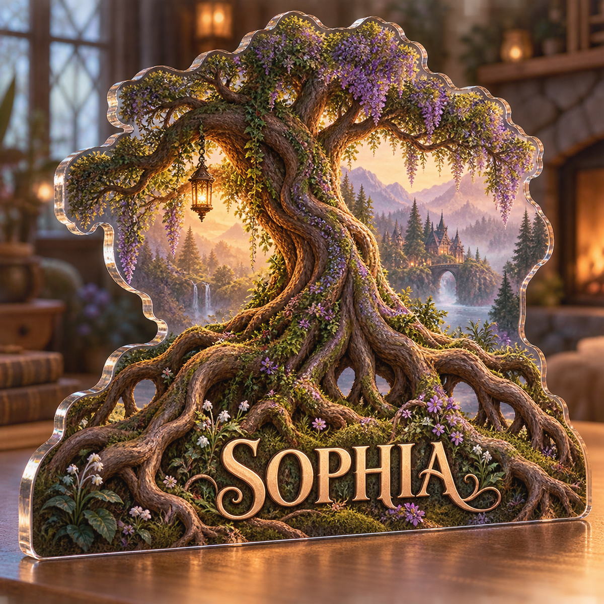 Artwork visualization: Enchanted tree roots — living room focal point, personalized SOPHIA, subject-shaped acrylic with printed optical 3D depth; not carved relief.