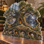 Artwork visualization: Enchanted tree roots — quiet corner decoration, personalized NOAH, subject-shaped acrylic with printed optical 3D depth; not carved relief.