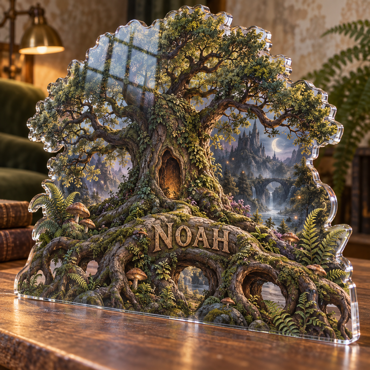 Artwork visualization: Enchanted tree roots — quiet corner decoration, personalized NOAH, subject-shaped acrylic with printed optical 3D depth; not carved relief.