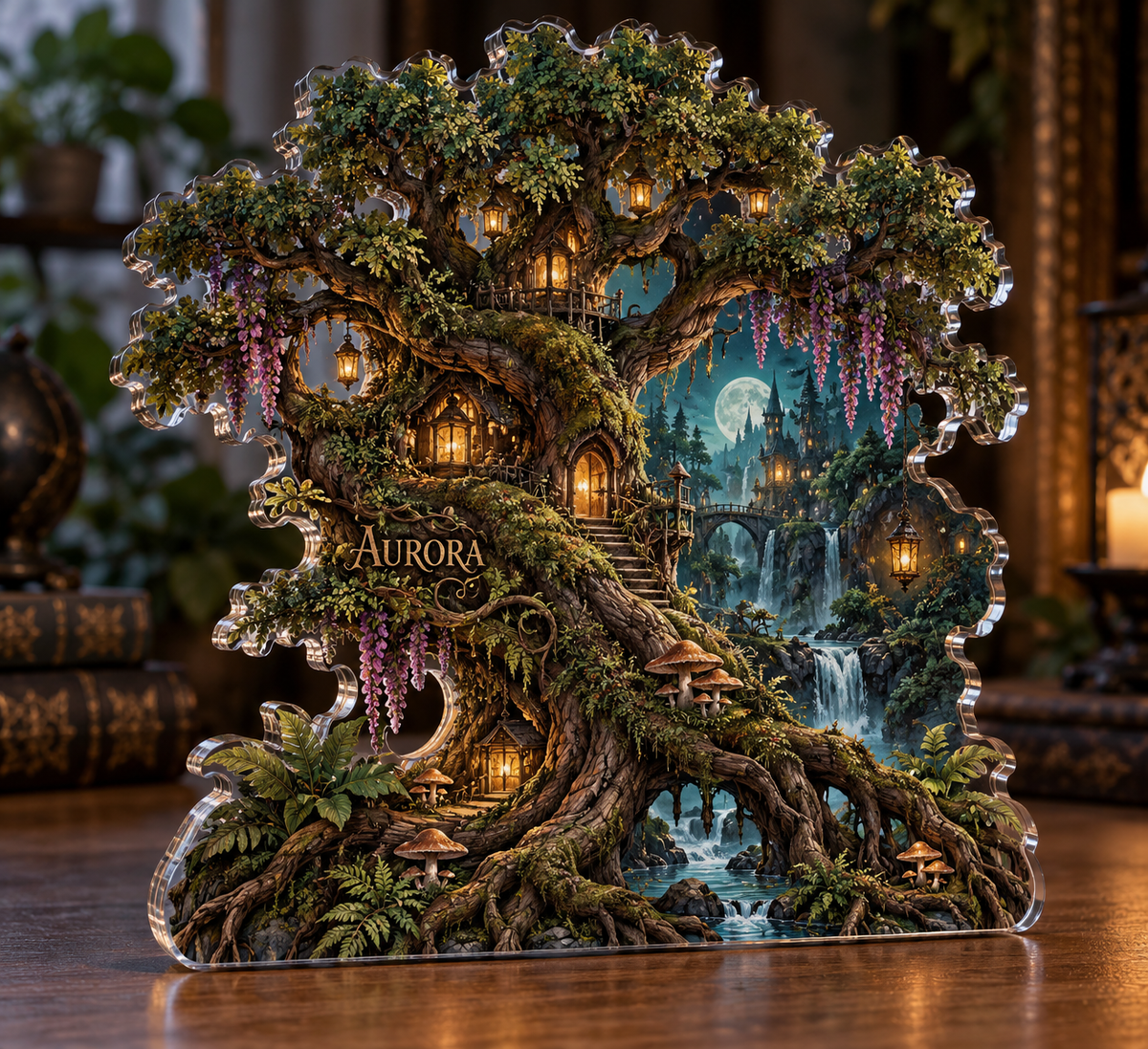 Artwork visualization: Enchanted tree roots — apartment gallery wall, personalized AURORA, subject-shaped acrylic with printed optical 3D depth; not carved relief.