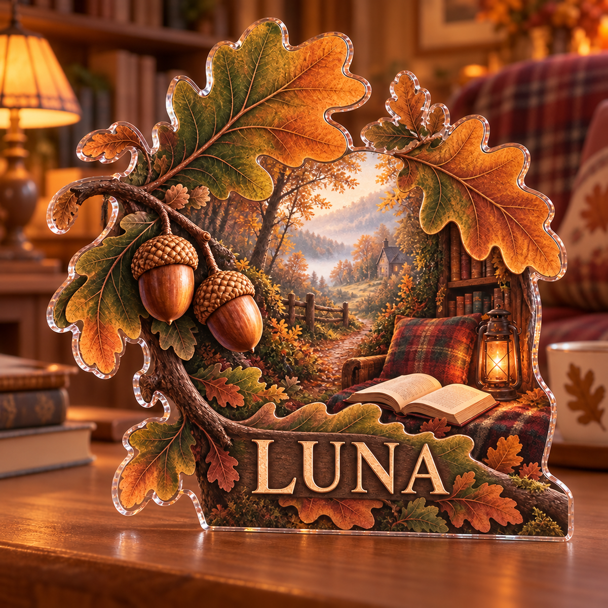 Artwork visualization: Acorns and oak leaves — reading nook decor, personalized LUNA, subject-shaped acrylic with printed optical 3D depth; not carved relief.