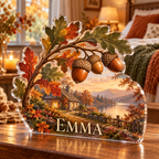 Artwork visualization: Acorns and oak leaves — bedroom statement decor, personalized EMMA, subject-shaped acrylic with printed optical 3D depth; not carved relief.